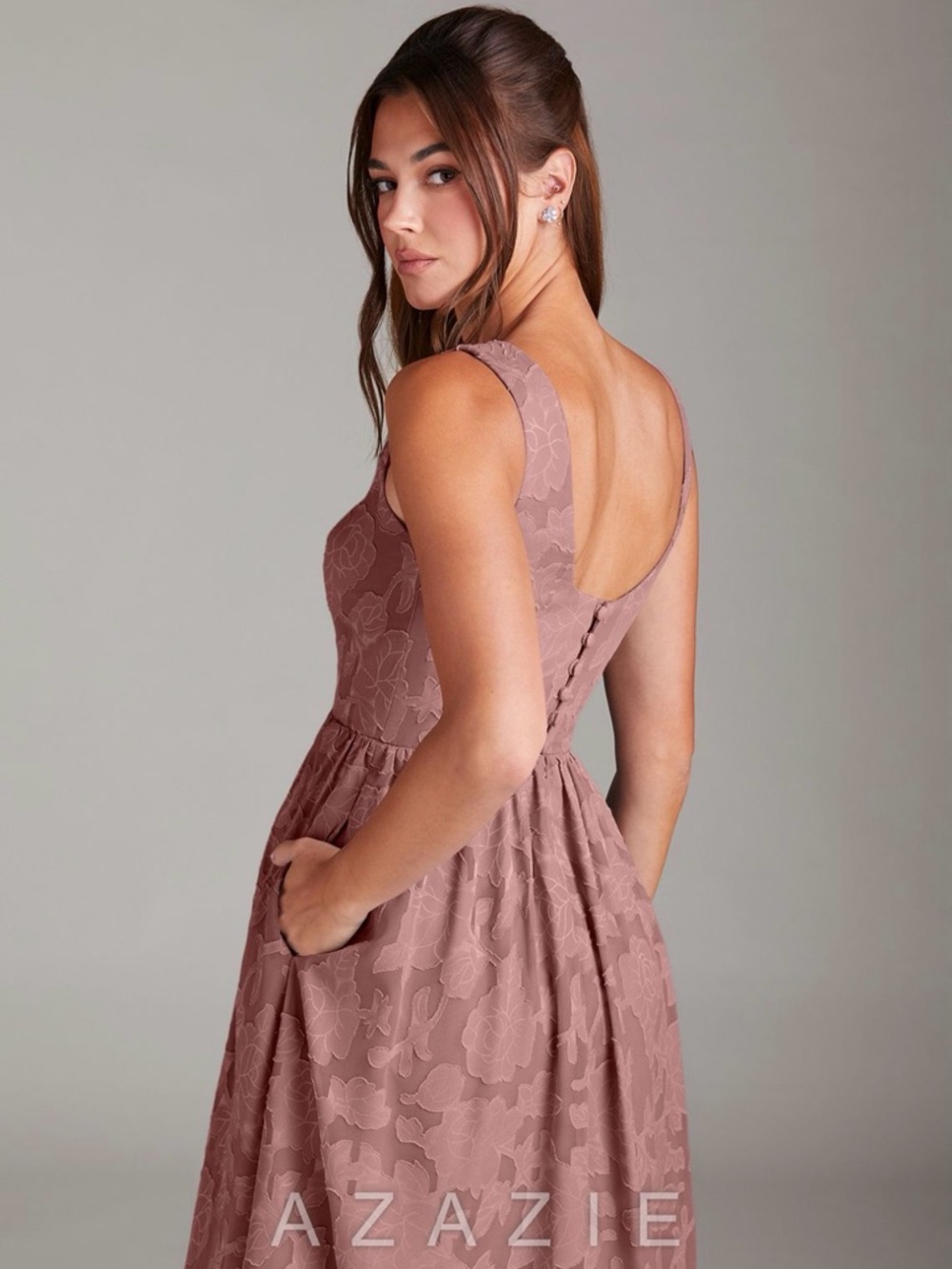 Azazie Dusty Rose Floral Midi Dress - Picture 3 of 7